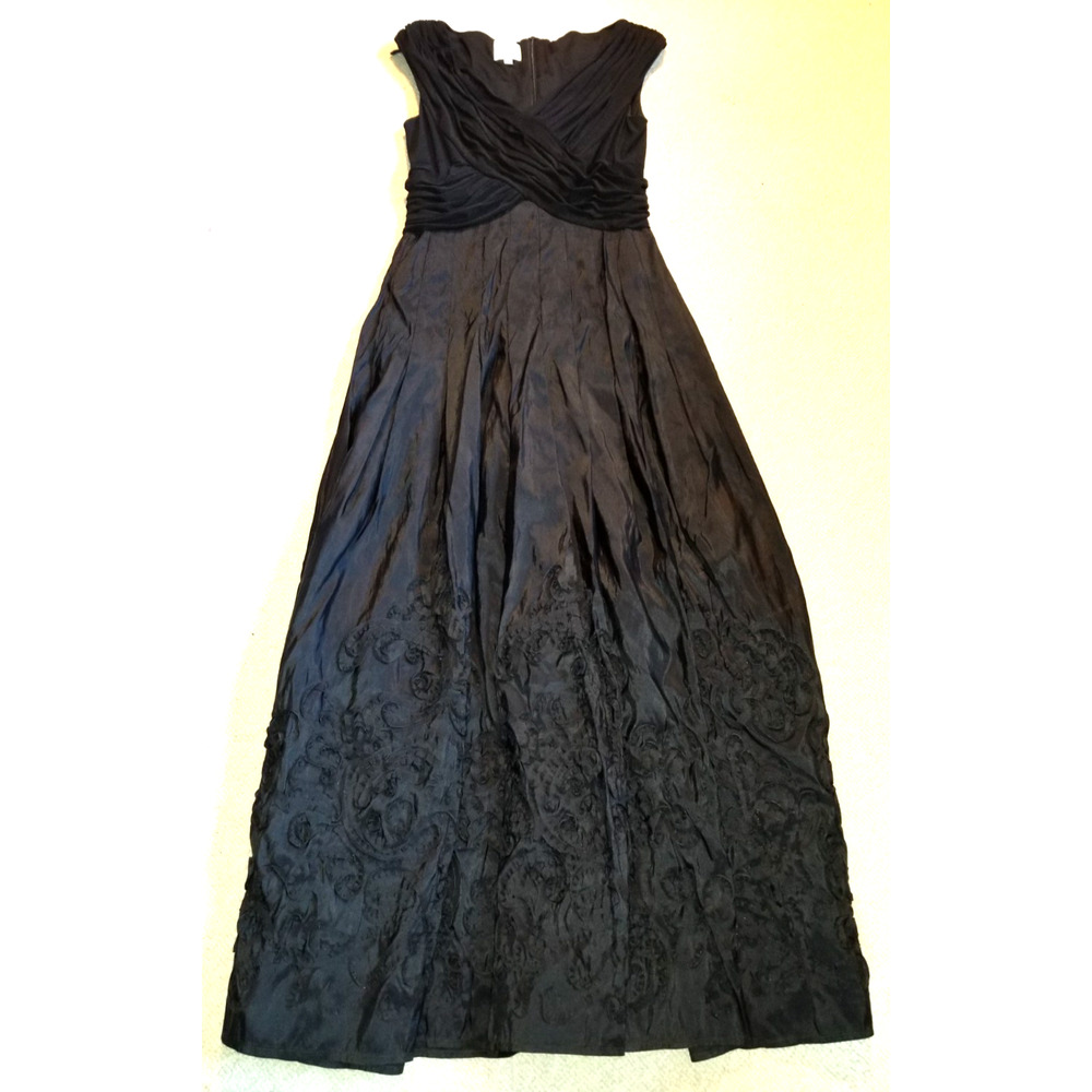 Womens Dress-PATRA-black Soutache taffeta skirt w/ ruched knit bodice Gown-10